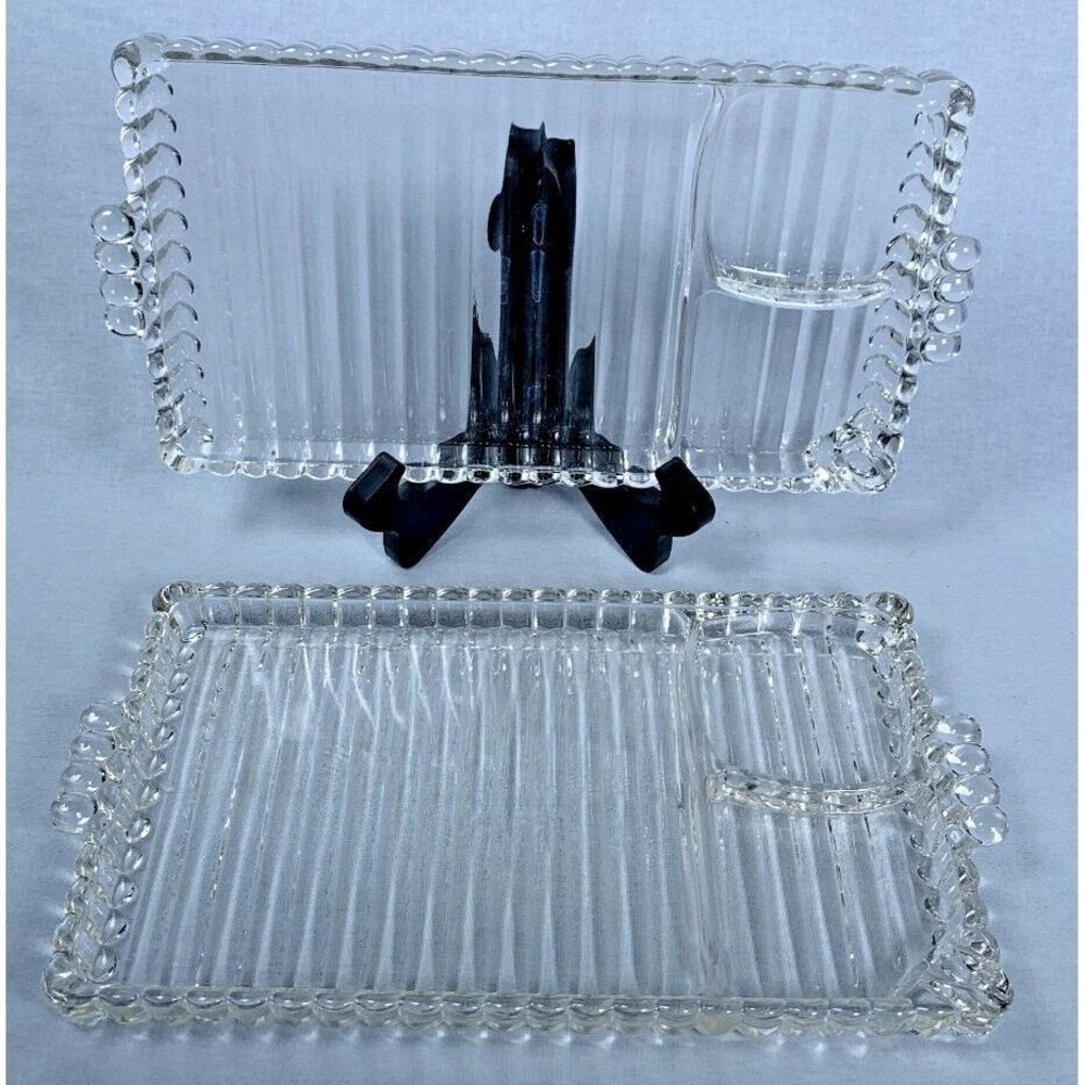 Set of 2 Vintage Hazel Atlas Ball Rib Glass Sip N Smoke Snack Trays